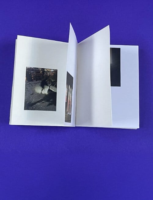 Aufgeschlagenes Fotobuch auf einem lila-farbenden Untergrund liegend.